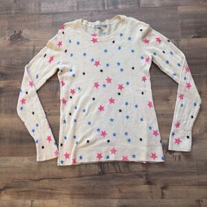 Hannah Rose Cashmere Sweater Star Print Women’s Small Petite Cream Pink Soft